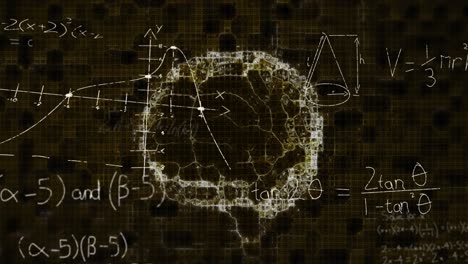 Animation-Mathematischer-Formeln-Und-Formen,-Die-Sich-über-Ein-Gehirn-Auf-Schwarzem-Hintergrund-Bewegen
