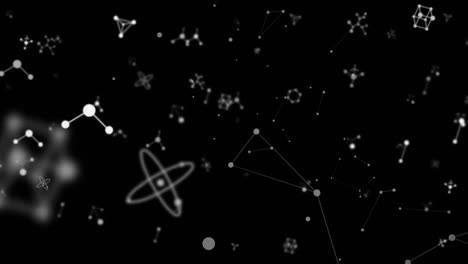 Animation-Von-Chemischen-Und-Weltraumsymbolen,-Die-Sich-Auf-Schwarzem-Hintergrund-Bewegen