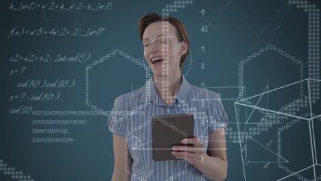 Animation-of-Caucasian-woman-touching-digital-tablet-with-mathematics-formulae-on-chalkboard