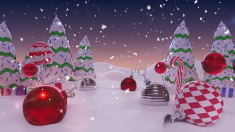 Animation-Eines-Verschneiten,-Weihnachtlich-Geschmückten-Waldes