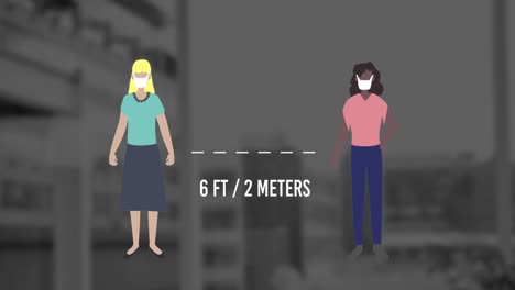 Animation-Von-Menschen,-Die-Eine-Maske-Tragen-Und-Sich-Sozial-Distanzieren