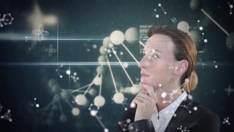 Animation-of-a-thoughtful-Caucasian-woman-looking-at-3D-interactive-screen-with-molecules-formulae-a