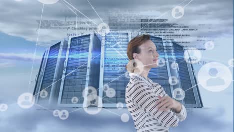 Animation-of-thoughtful-Caucasian-woman-looking-at-floating-data-with-processing-servers-in-backgrou