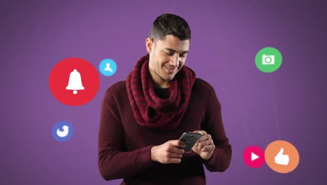 Animation-of-mixed-race-man-using-his-smartphone-with-colorful-icons-floating-on-purple-background