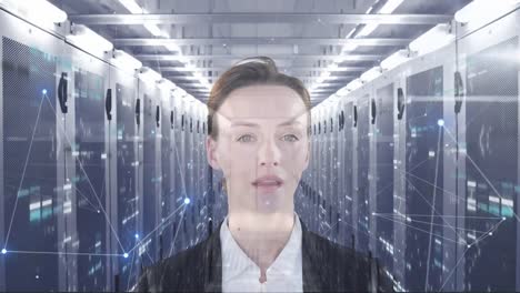 Animation-of-Caucasian-woman-and-looking-at-floating-data-with-processing-servers-in-background