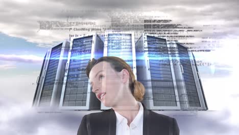 Animation-of-Caucasian-woman-looking-at-floating-data-with-processing-servers-in-background