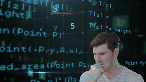 Animation-of-a-thoughtful-Caucasian-man-thinking-over-data-and-numbers-processing-in-the-foreground