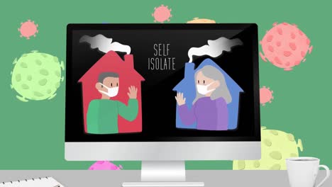 Animation-of-computer-with-man-and-woman-wearing-face-mask-in-their-house-over-coron