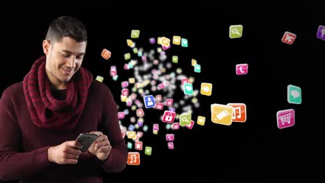 Animation-of-mixed-race-man-smiling-and-using-his-smartphone-with-colorful-icons-floating-on-black-b