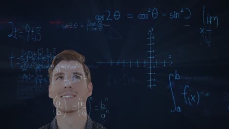 Animation-of-a-smiling-Caucasian-man-with-mathematics-formulae-floating-in-foreground