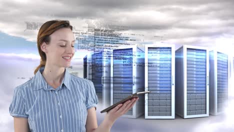 Animation-of-Caucasian-woman-smiling-and-touching-digital-tablet-with-processing-servers-in-backgrou