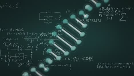 Animation-Mathematischer-Formeln-Und-Formen,-Die-Sich-Auf-DNA-Auf-Schwarzem-Hintergrund-Bewegen