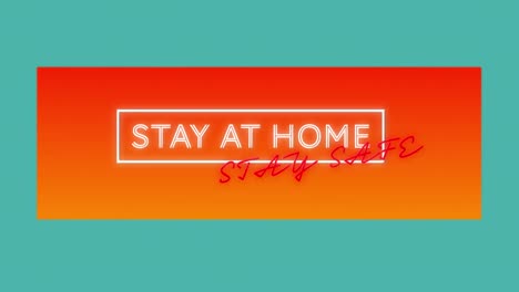Animation-Von-Neontext-„Bleib-Zu-Hause,-Bleib-Sicher“-Auf-Blauem-Und-Orangefarbenem-Hintergrund