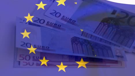 Animation-of-Euro-bills-floating-over-EU-flag-waving