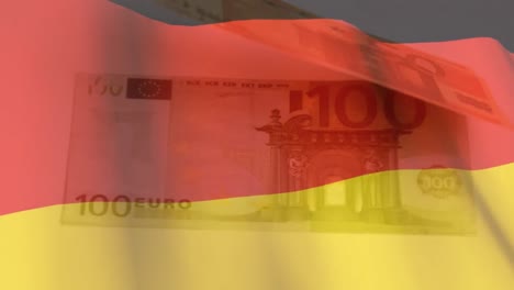Animation-Von-Euro-Scheinen,-Die-über-Der-Wehenden-Deutschen-Flagge-Schweben
