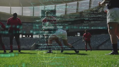 Animation-of-blue-data-processing-and-floating-over-two-multi-ethnic-rugby-teams-playing-rugby