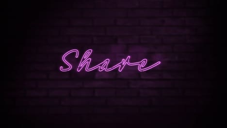 Animation-of-pink-neon-style-word-Share,-flickering-on-black-brick-background