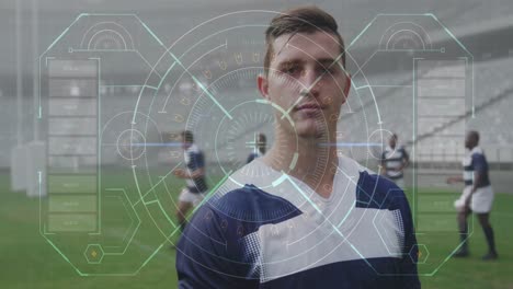 Animation-Von-Daten-Und-Statistiken-über-Einen-Kaukasischen-Männlichen-Rugbyspieler,-Der-Auf-Einem-Digitalen-Spielfeld-Steht