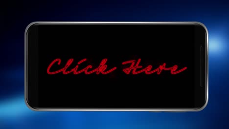 Animation-of-red-neon-style-words-Click-Here-flickering-on-black-screen-of-smartphone-on-blue-backgr