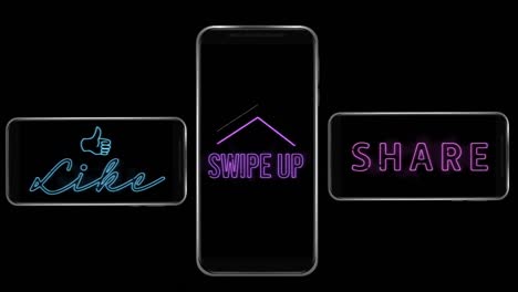 Animation-Von-Wörtern-Wie-„Swipe-Up“-Und-„Share“-Flackert-Auf-Den-Bildschirmen-Von-Drei-Smartphones