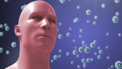 Animation-Eines-Digitalen-Menschlichen-Kopfes-Mit-Riesigen-Virusmodellen,-Die-Auf-Blauem-Hintergrund-Schweben