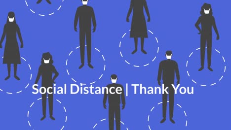 Worte-„soziale-Distanz“-Und-„Danke“-Blinken-Mit-Digitalen-Menschlichen-Formen,-Die-Gesichtsmasken-Tragen
