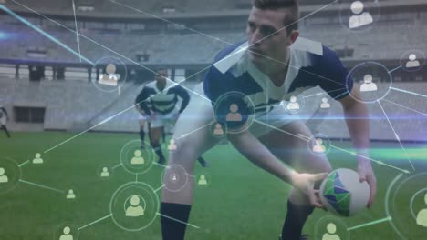 Animation-Eines-Netzes-Von-Verbindungen-Mit-Sozialen-Ikonen-über-Zwei-Multiethnische-Rugby-Teams,-Die-Rugby-Spielen