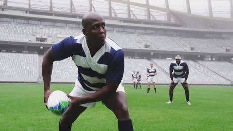 Animation-of-camera-taking-pictures-over-African-American-male-rugby-player-throwing-a-rugby-ball-wi