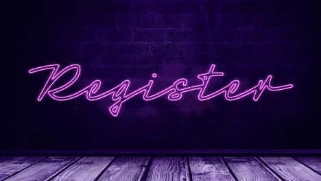 Animation-of-pink-neon-style-word-Register-flickering-on-purple-bricks-background