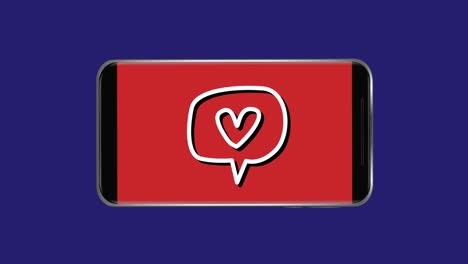 Animation-of-white-icon-of-speech-bubble-with-a-heart-flickering-on-red-screen-of-a-smartphone-on-bl