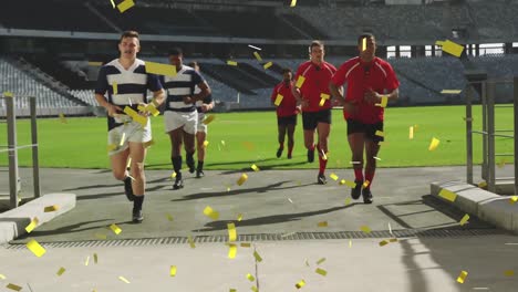 Animation-of-golden-confetti-falling-over-two-multi-ethnic-rugby-teams-running-off-a-pitch-