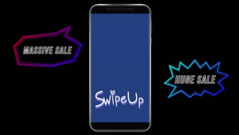 Animation-of-words-Swipe-Up-flickering-on-a-screen-of-a-smartphone-with-two-speech-bubbles-on-black-