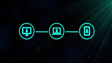 Animation-of-three-green-digital-computer-interface-icons-on-glowing-green-background
