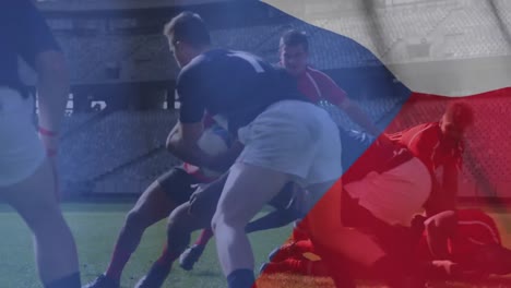 Animation-of-Czech-flag-waving-over-two-multi-ethnic-rugby-teams-playing-rugby