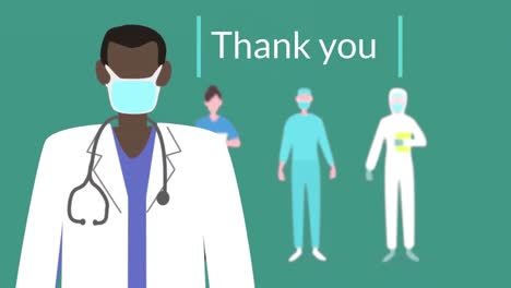 Animation-of-a-words-Thank-You-flashing-on-green-background-with-pictograms-of-medical-staff