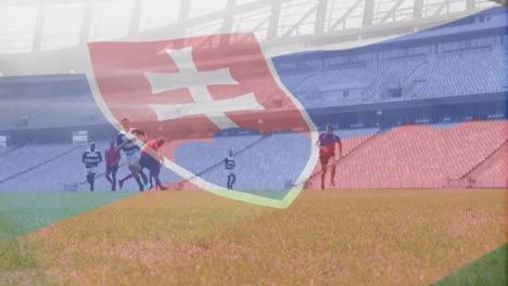 Animation-of-Slovakian-flag-waving-over-two-multi-ethnic-rugby-teams-playing-rugby