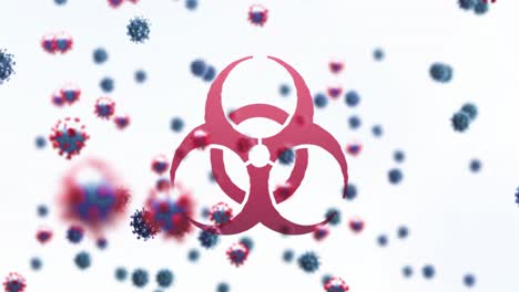 Animation-of-a-red-virus-sign-and-macro-Covid-19-cells-floating-on-white-background