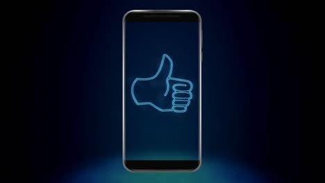 Animation-of-blue-neon-style-Like-icon-flickering-on-smartphone-screen-on-black-background