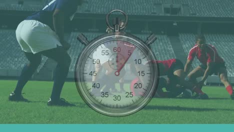 Animation-of-clock-ticking-over-two-multi-ethnic-rugby-teams-playing-rugby