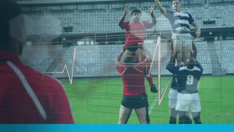 Animation-of-heartbeat-monitor-with-a-grid-over-two-multi-ethnic-rugby-teams-playing-rugby