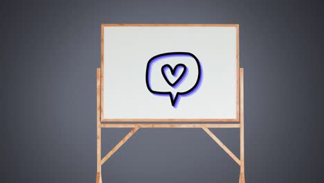 Animation-of-an-icon-a-speech-bubble-with-a-heart-flickering-on-whiteboard-on-grey-background