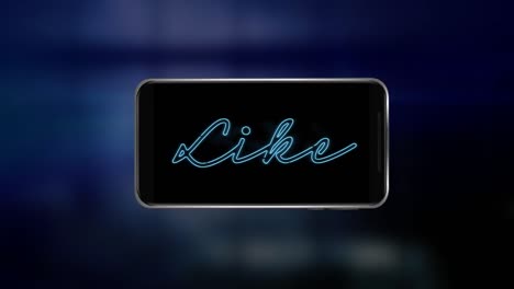 Animation-of-blue-neon-style-word-Like-flickering-on-a-screen-of-smartphone-on-dark-blue-background