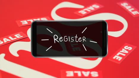 Animation-of-word-Register-flickering-on-screen-of-a-smartphone-on-red-background-with-Sale-signs
