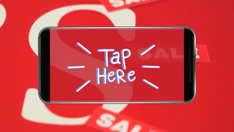 Animation-of-words-Tap-Here-flickering-on-a-screen-of-smartphone-with-words-Sale-floating-