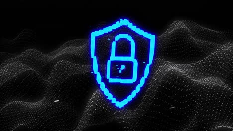 Animation-of-digital-computer-interface-online-security-blue-glowing-padlock-icon-on-flowing-mesh-on