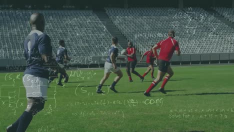 Animation-of-mathematical-equations-and-formulae-floating-over-two-multi-ethnic-rugby-teams-playing-