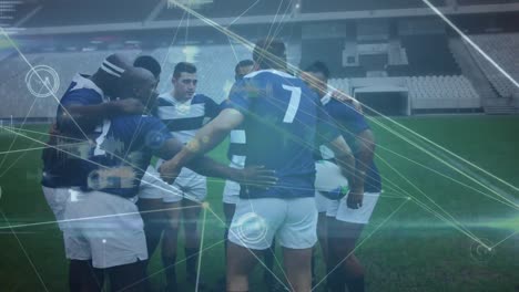 Animation-Eines-Netzes-Von-Verbindungen-Mit-Daten-Und-Statistiken-über-Eine-Multiethnische-Männliche-Rugbymannschaft