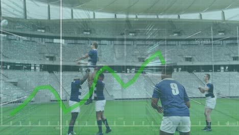 Animation-Von-In-Frames-Schwebenden-Daten-Und-Diagrammen,-Die-Sich-über-Zwei-Multiethnische-Rugby-Teams-Bilden,-Die-Teppich-Spielen