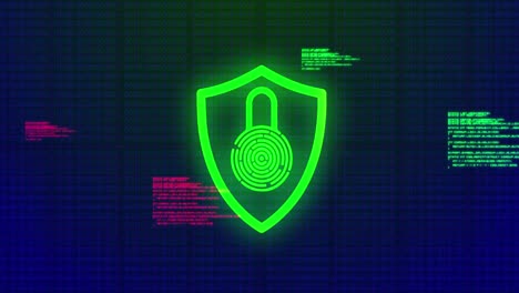 Animation-of-digital-computer-interface-online-security-red-and-green-glowing-padlock-icon-on-blue-g