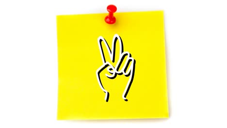 Animation-of-white-hand-icon-flickering-on-yellow-sheet-of-paper-pinned-on-white-background-